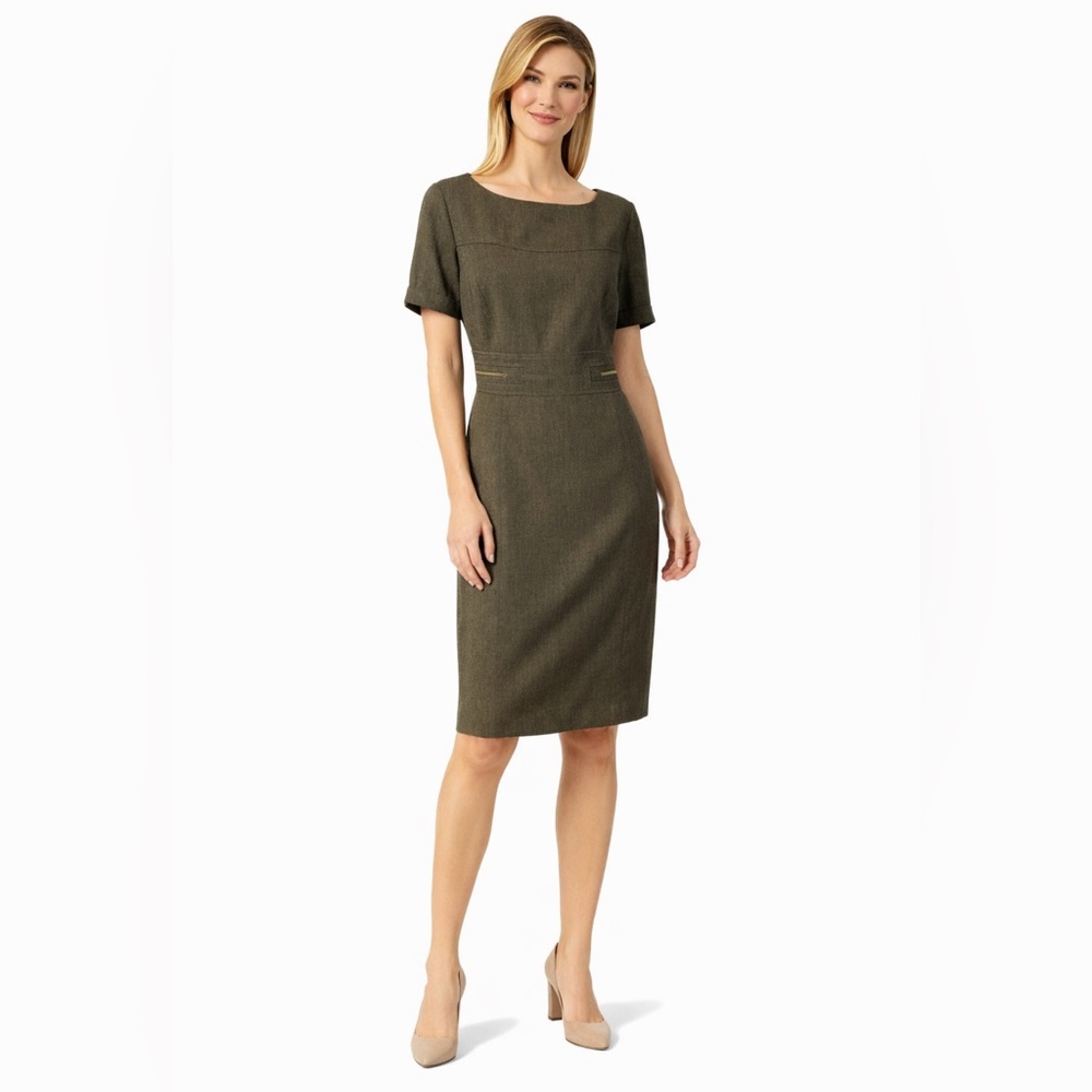 Tahari Levine Dress 10 Tweed Olive Green.Brown Short Sleeve Sheath Career Church